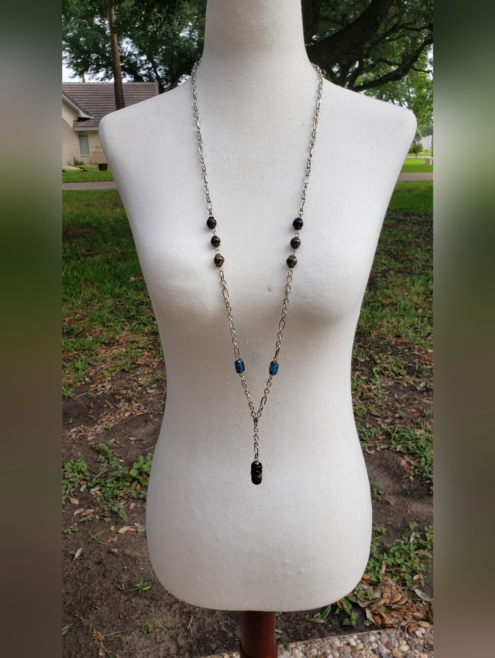 Long Glass Beaded Necklace With Matching Earrings, Vintage